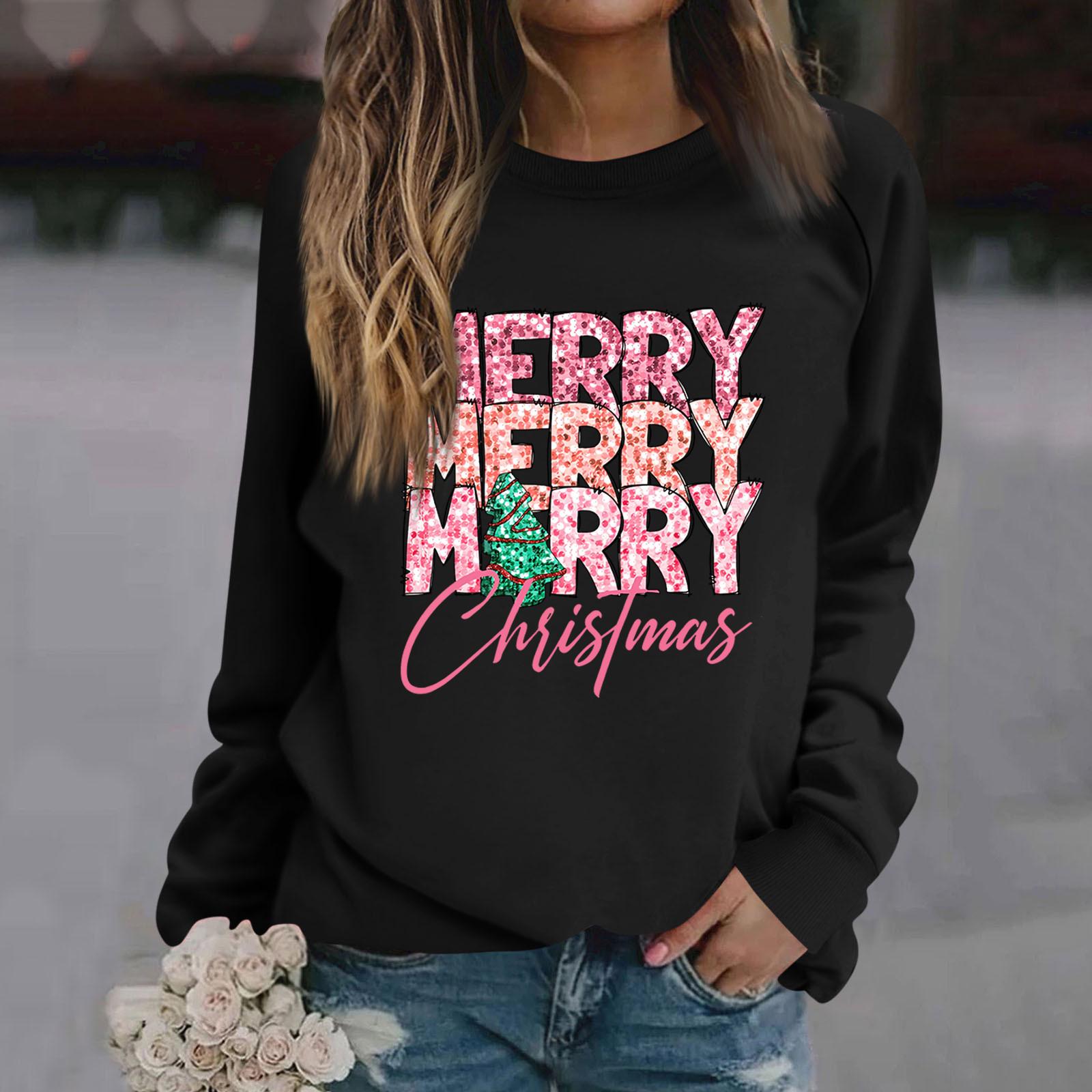 

Женские футболки, свободные, модные и повседневные толстовки с круглым вырезом и длинными рукавами с рождественским принтом L чёрный