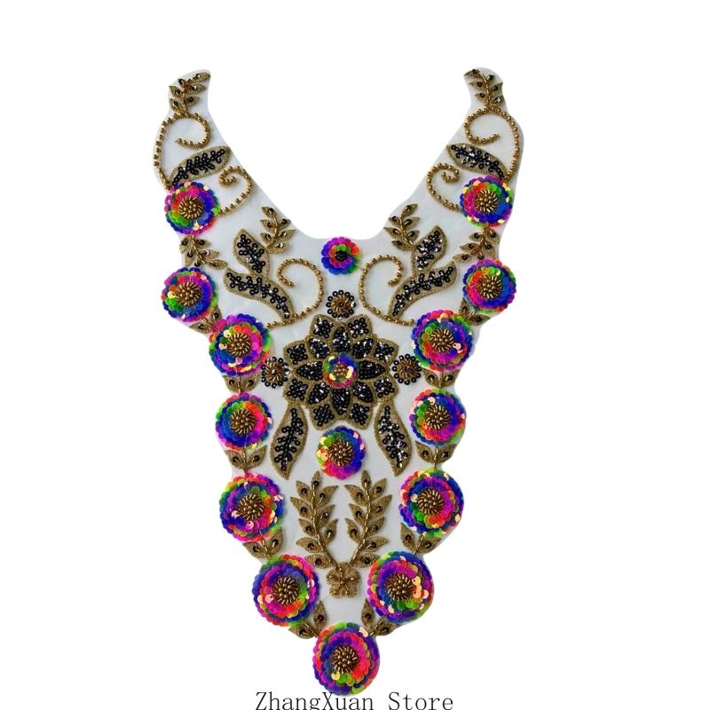 

Embroidered Beads Applique for Wedding Dress Evening Gown Sew on Collar Patches Beaded Sequins Sew on Patches Applique чорний