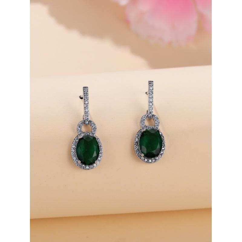Fashion commuter platinum green diamond lock oval diamond earrings women s inlaid simple jewelry