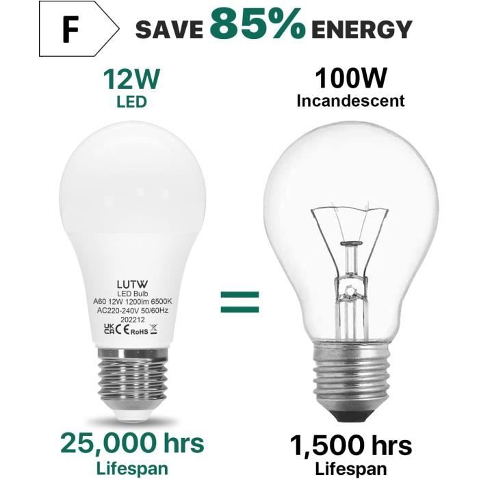 Ampoule LED - LUTW - E27 - Blanc Froid 6500K - 12W - Lot de 6