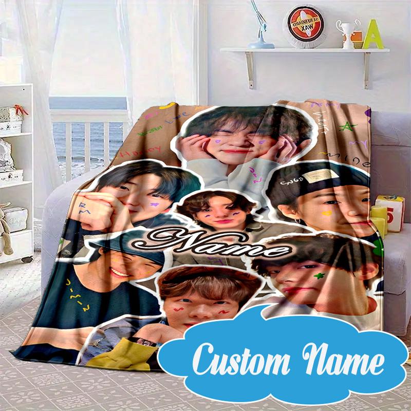 Custom Name BT K-pop Collage Vibes Blanket bed sofa Blanket Flannel Blanket for Camping, Hiking, Picnic Essentials,gift for Fan family