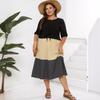 Frühlings- und Sommerkleid für Damen in Übergröße, Rundhalsausschnitt, kurze Ärmel, Farbblockierung, schmale Taille