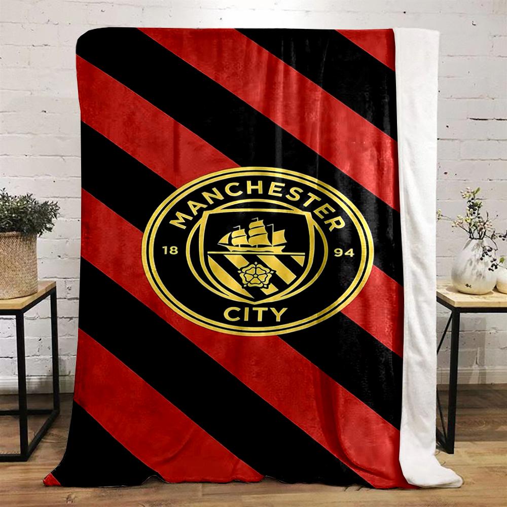 Manchester City logo on red-black stripes Flannel blanket for bedroom, living room, sofa, and nap sofas
