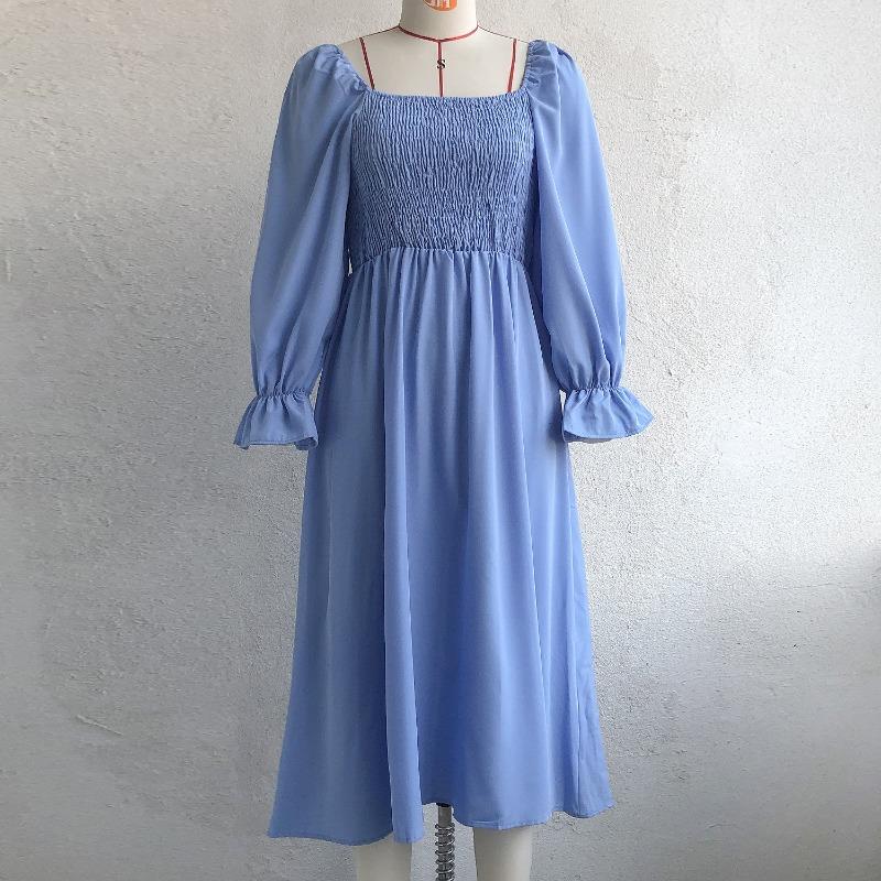 Women's Spring Summer Midi Dress, Flared Sleeves, A-Line, Square Collar, High Waist, Solid Color, S-XL