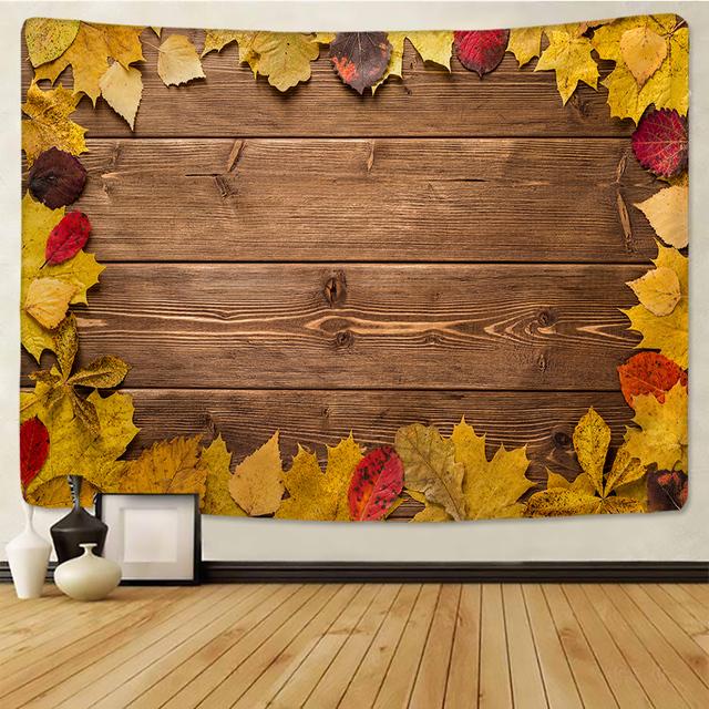 Vintage Wandteppich aus Holzbrett, Wandbehang, Kunst, goldbraune Blätter auf Holz, Wanddecke, Heimdekoration