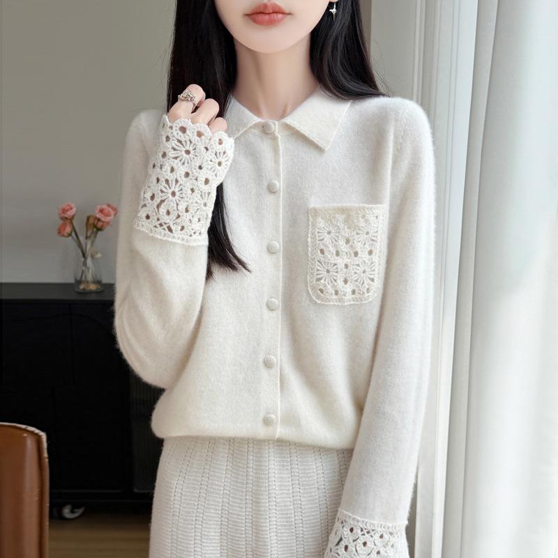 Elegant Wool Sweater: Women's Hollow-Stitch Long Sleeve Lapel Knitwear for Autumn and Winter
