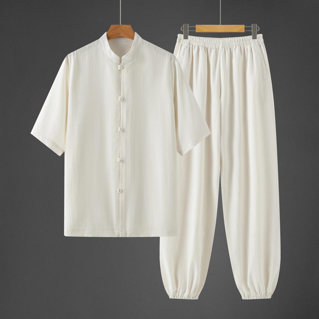 Men's Summer Thin Chinese Style Kung Fu Shirt Set Tea Zen Clothing Men Breathable Cotton Traditional Outfit Man Hanfu Tang Suits