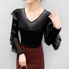 Spring Autumn Women's Ruffles Sleeve T-Shirt Elegant V-neck Tees Slim Ladies Tops With Rhinestone