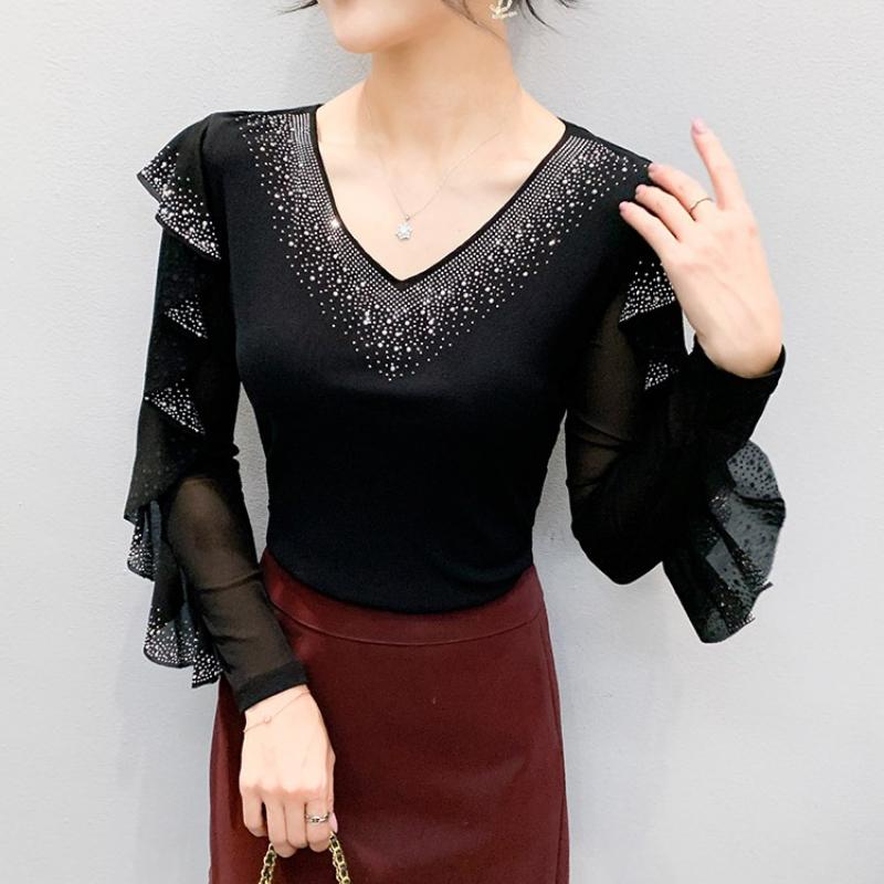Spring Autumn Women's Ruffles Sleeve T-Shirt Elegant V-neck Tees Slim Ladies Tops With Rhinestone
