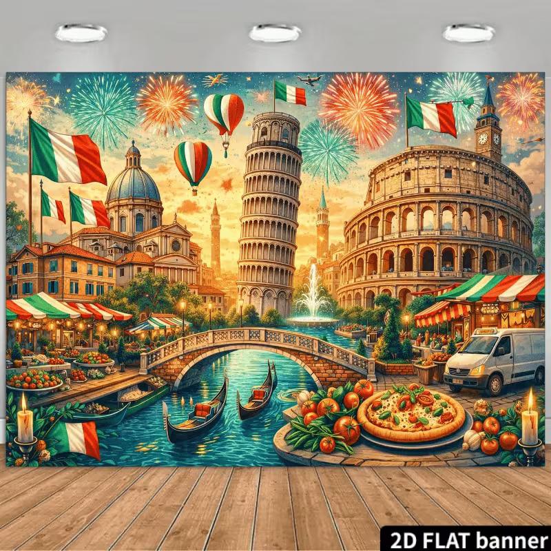 2D bunte Kulisse zur italienischen Kultur mit Wahrzeichen, Pizza & Gondeln