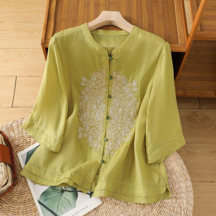 2025 Léto Dámská Literární Móda Ramie Výšivka Stojáček Blůza - Jednobarevná, Volný Střih, Pětirukávový Design