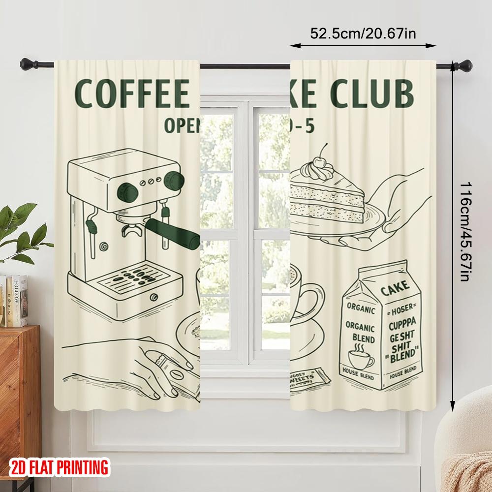 2pcs 2D Flat Printing Drapes Coffee Cake Club Coffee Machine Polyester Without Electricity All Season Party & Holiday Decor Use