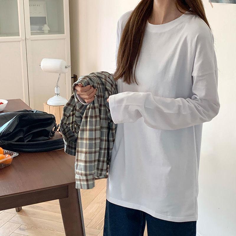 Women's Loose-Fit Long-Sleeve White Cotton T-Shirt - Autumn Inner Layer Top