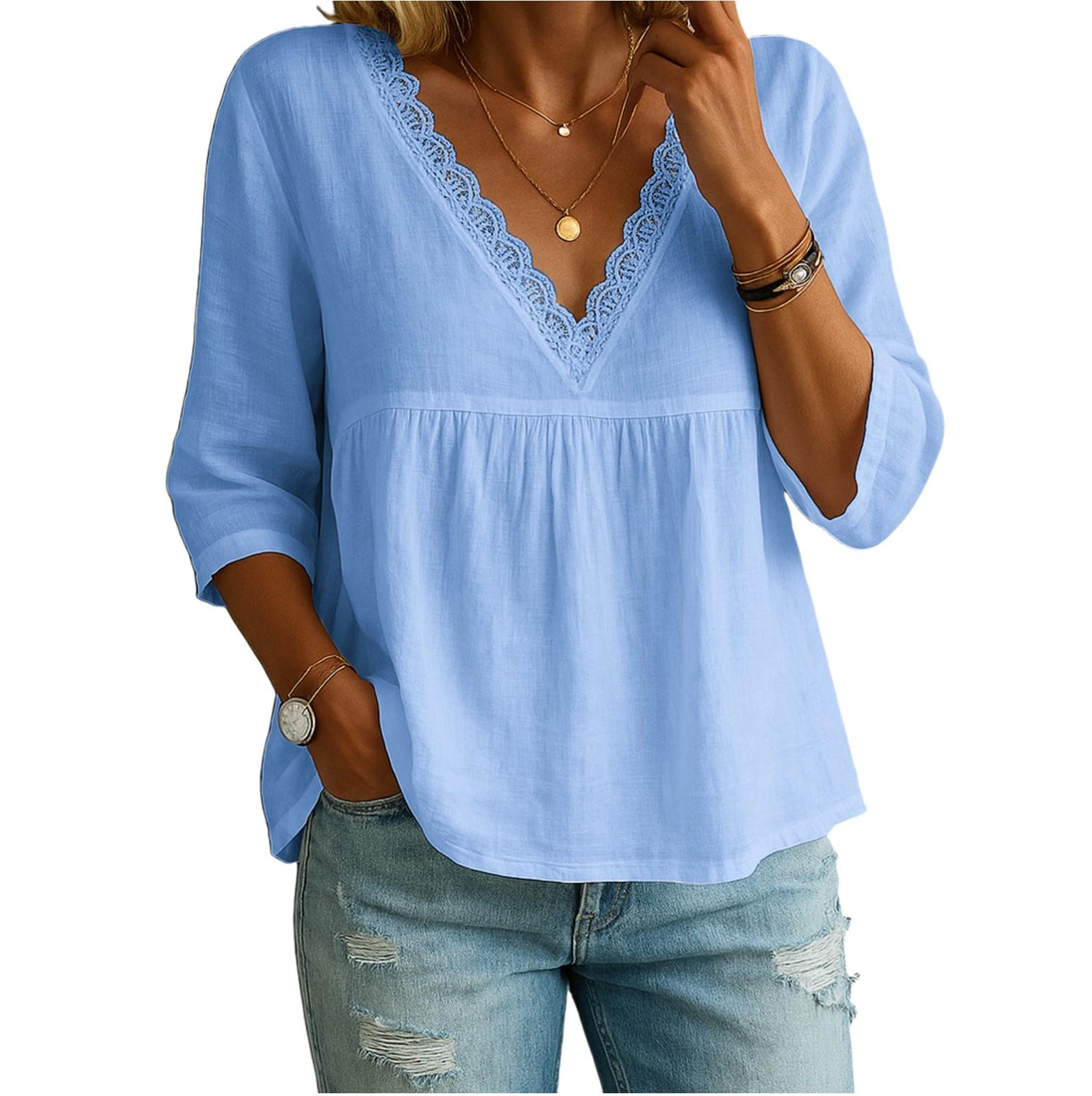 

Women s Fashionable Casual Three,quarter Sleeve Lace V,neck Pullover Shirt S