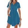 Women Short Sleeve Button Down V Neck Casual Mini Dress with Adjustable Waist Drawstring and Pockets for Daily Wear