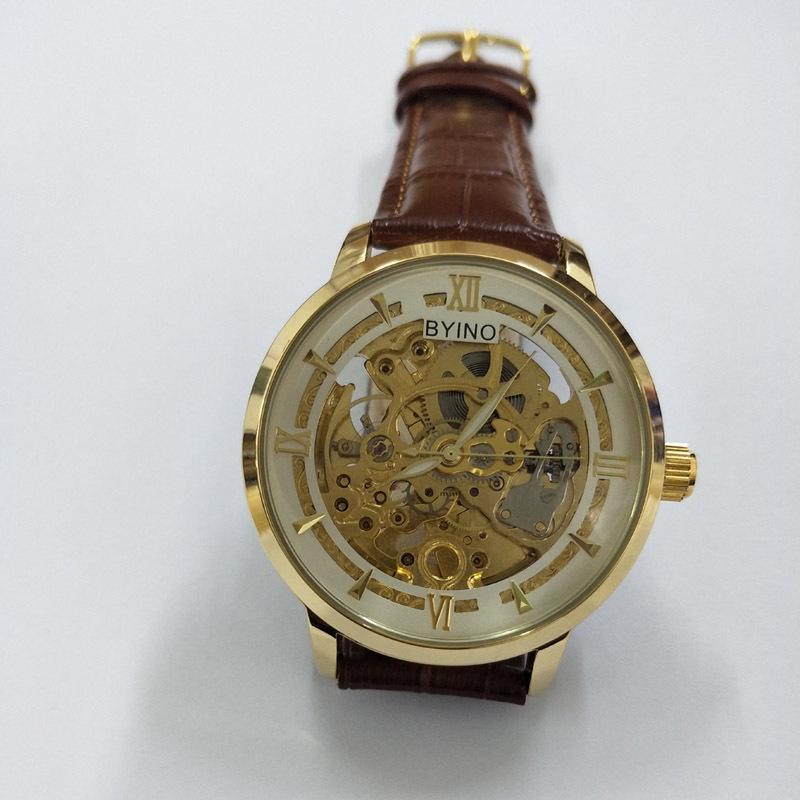 BYINO Herren Skelett Automatikuhr Chronograph mit transparentem Boden, weißen Zeigern, Leder- oder Mesh-Armband