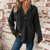 Women's Fashion Long-Sleeved Drawstring Button-Up V-Neck Casual Fleece-Lined Solid-Colour Hooded Sweatshirt Top