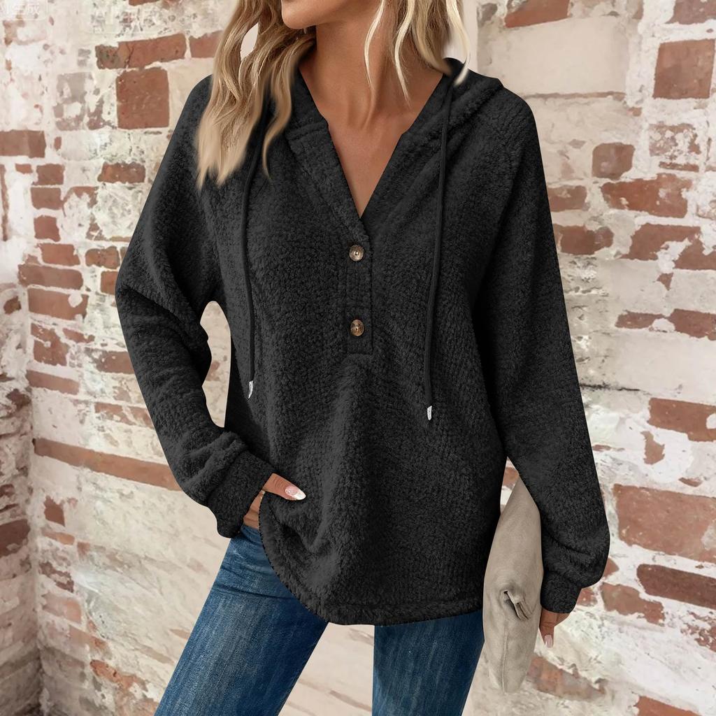 Women's Fashion Long-Sleeved Drawstring Button-Up V-Neck Casual Fleece-Lined Solid-Colour Hooded Sweatshirt Top