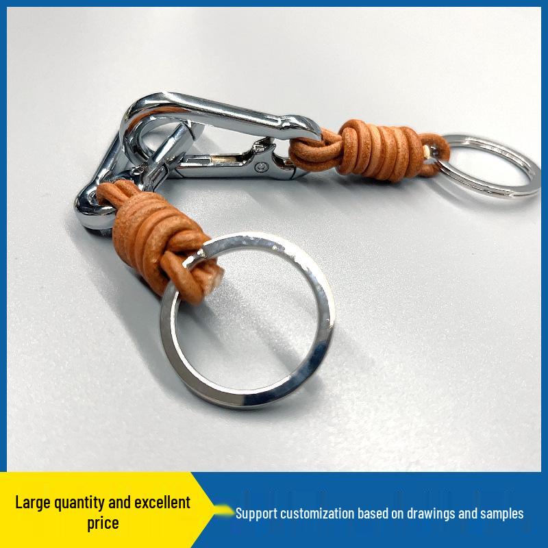 Retro Alloy Cowhide Keychain with Hand-Woven Belt - Men's Business Gift Key Ring for Car and Mountaineering Enthusiasts