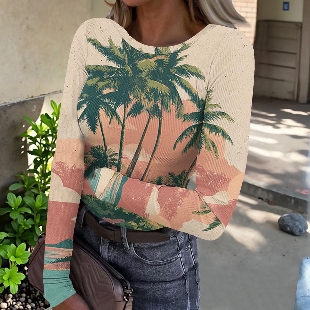 Women's Casual Fashion Round Neck Hawaiian Print Long Sleeve Ribbed Top