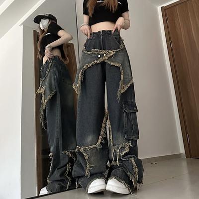 Vintage High Street Wide Leg Jeans American Retro Style Loose Fit Denim Pants Women Spring Summer