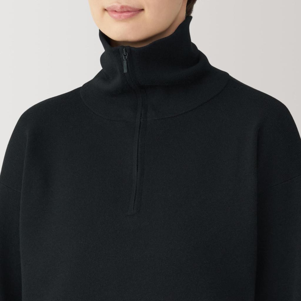 MUJI Washable Milan Rib Knit Size BA1OZA4A Women's Half-Zip Sweater, Black, L,