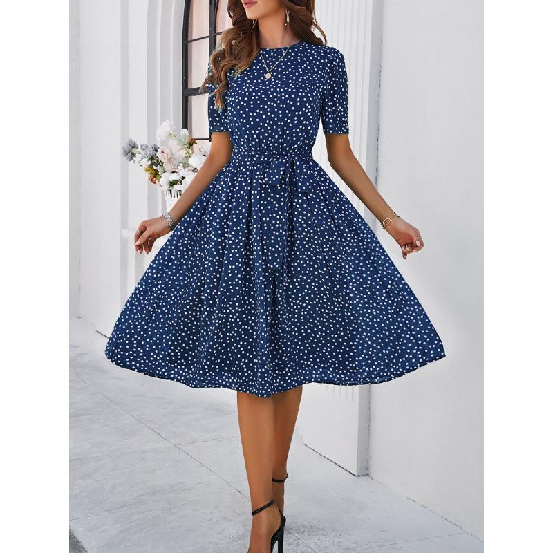 2025 Spring and Summer Fashion Versatile Temperament Casual Polka Dot Tie Long Dresses Dresses for Women
