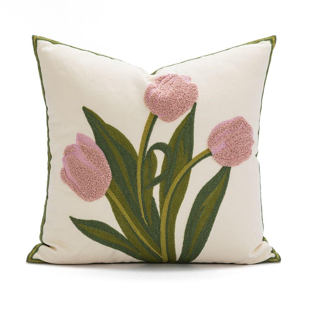 Embroidered Flower Tulip Pattern Pillowcase Square Cushion Cover Spring Throw Pillowcover Sofa/Bed