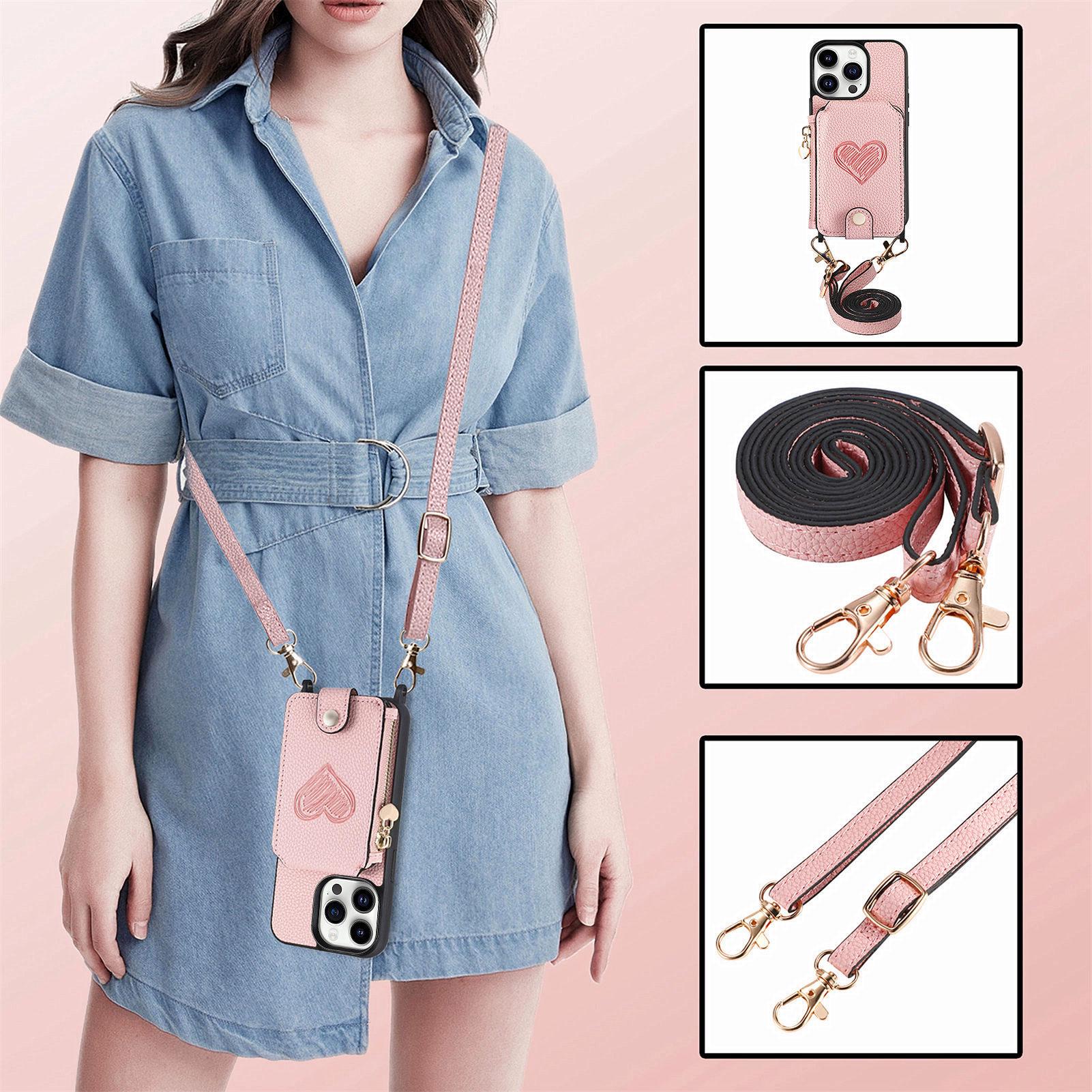 

Heart-Shaped Zipper Card Holder Crossbody Case for iPhone 16/15/14 PRO 14 Pro рожевий