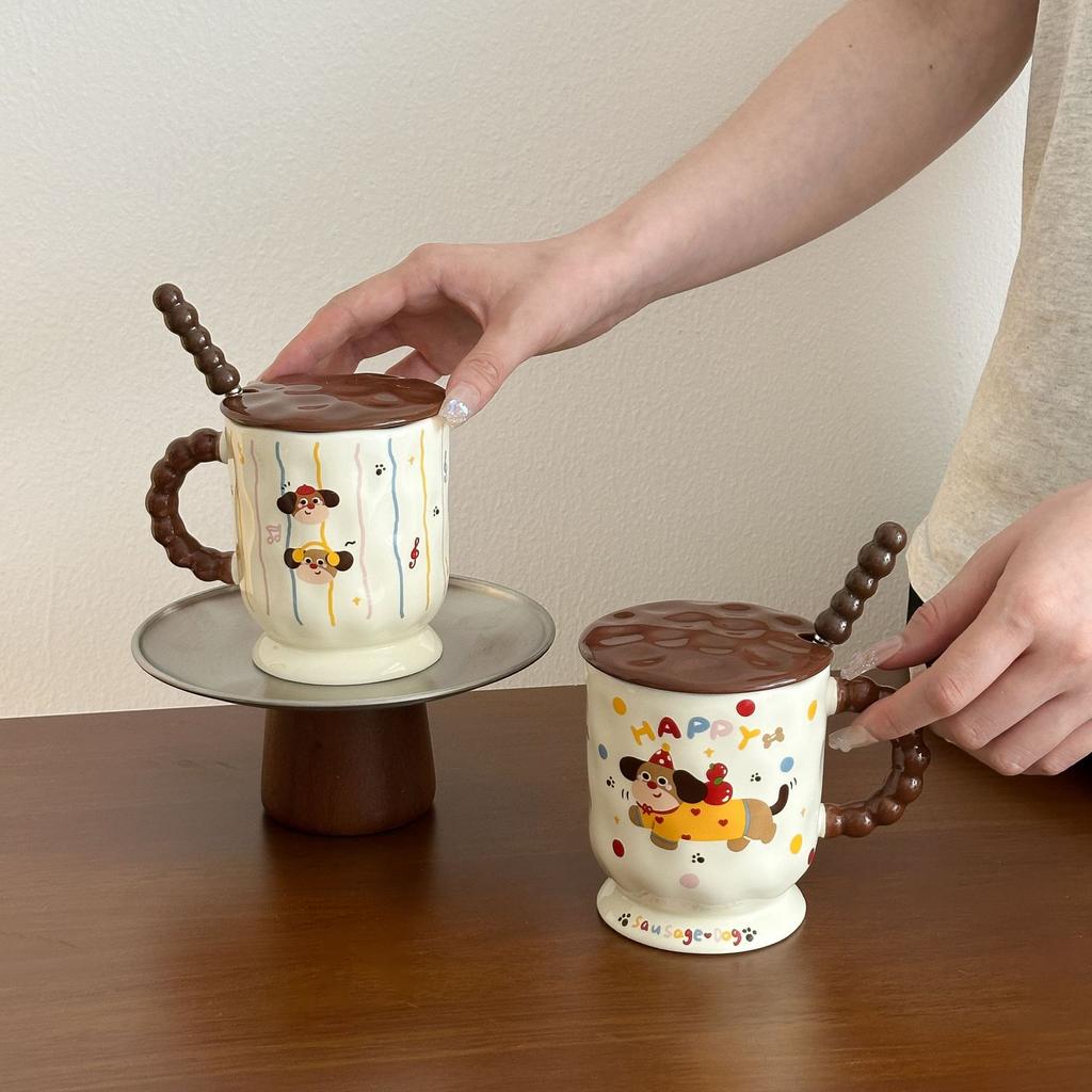 Cute Dachshund Dog Goblet Household Drinking Water Mug with Lid Spoon Office Ceramic Breakfast Coffee Milk Cup