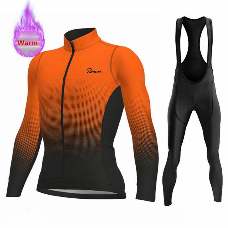 Rvouei Winter Lange Mouw Thermisch Fleece Fietsjersey Set Koersbroek Ropa Ciclismo Fietskleding MTB Fietsjersey Uniform