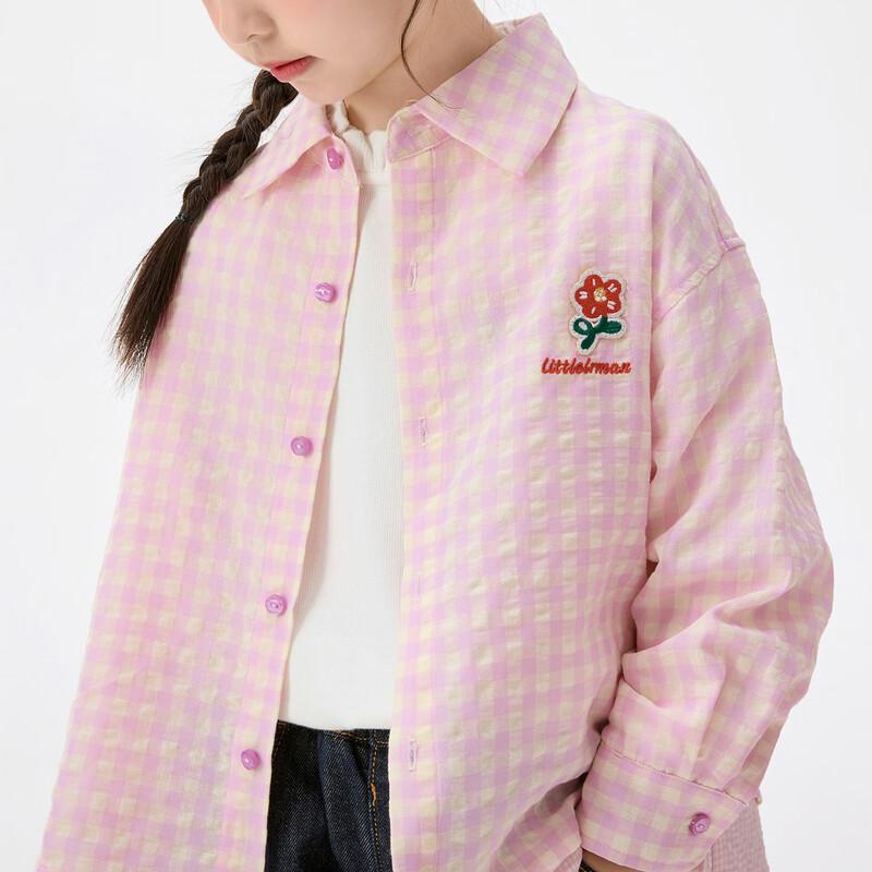 Xiaoyinman Girls' Floral Embroidered Plaid Long-Sleeve Shirt