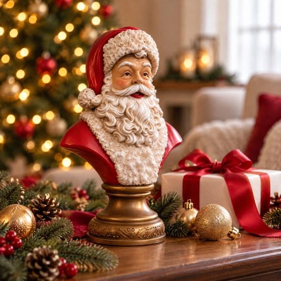 Pevná pryskyřice Vánoční dekorace Santa Claus Busta Soška, Hlava s Vintage Zlatou Uměleckou Soškou pro Sváteční Displej Základna, Stolní Figurka, Krbová Polička