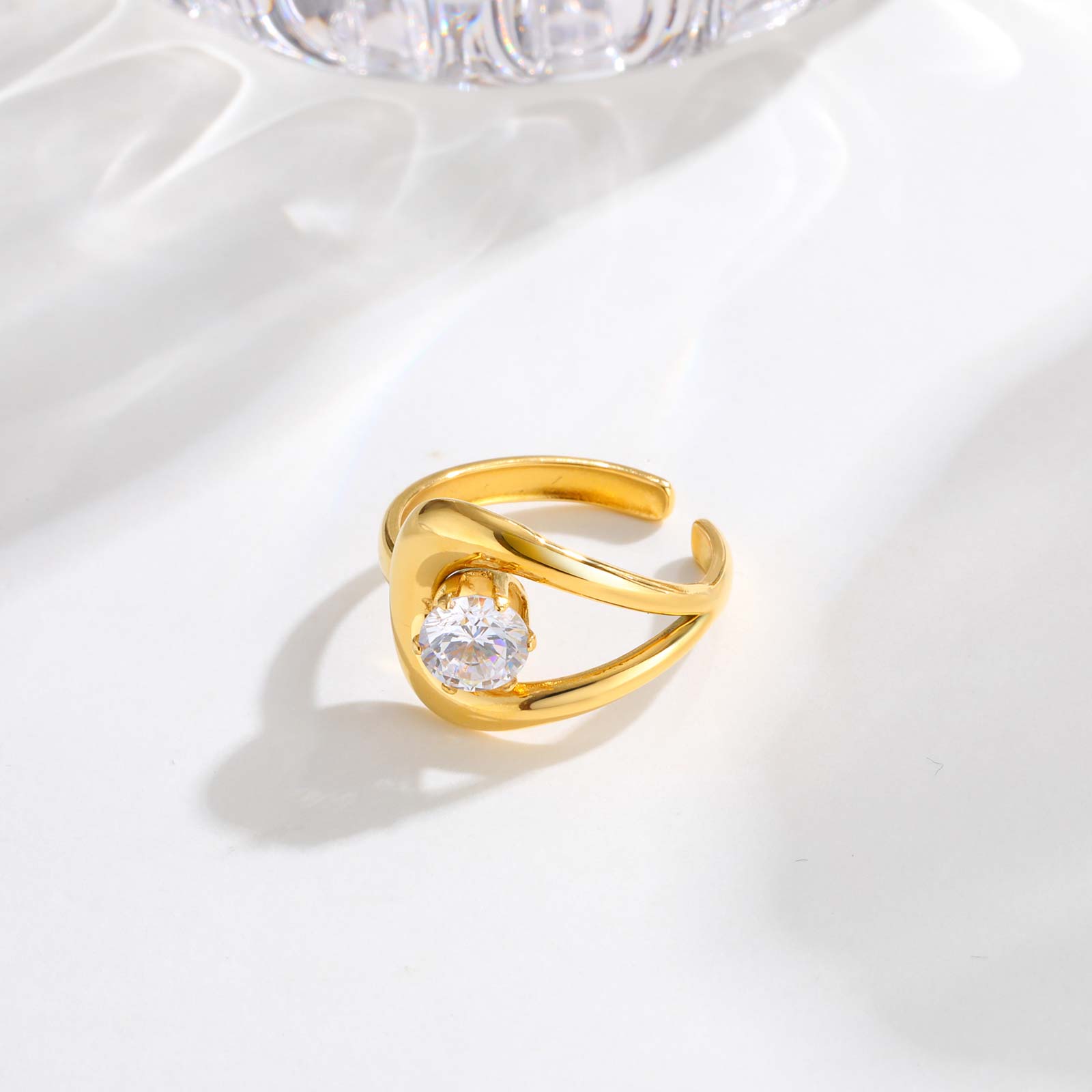 Cubic Zircon Irregular Hollow Opening Ring for Women, Geometric Twist Lines Stainless Steel Ring, Fashion Waterproof Jewelry
