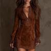 European American Women's Dress, V Neck Long Sleeve Loose Embroidered Dress, Zipper Lace Splicing Casual Dress