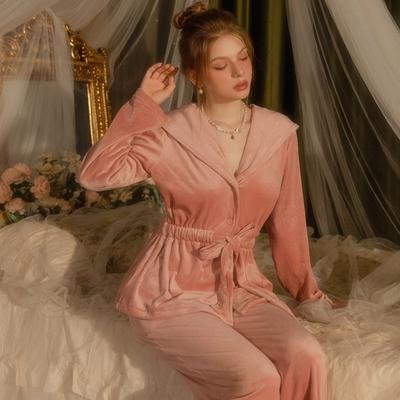Damen Samt Pyjama Set Sexy Bademantel mit Kapuze Kimono Hosen Set Herbst und Winter Pyjama Süße Homewear Pyjama