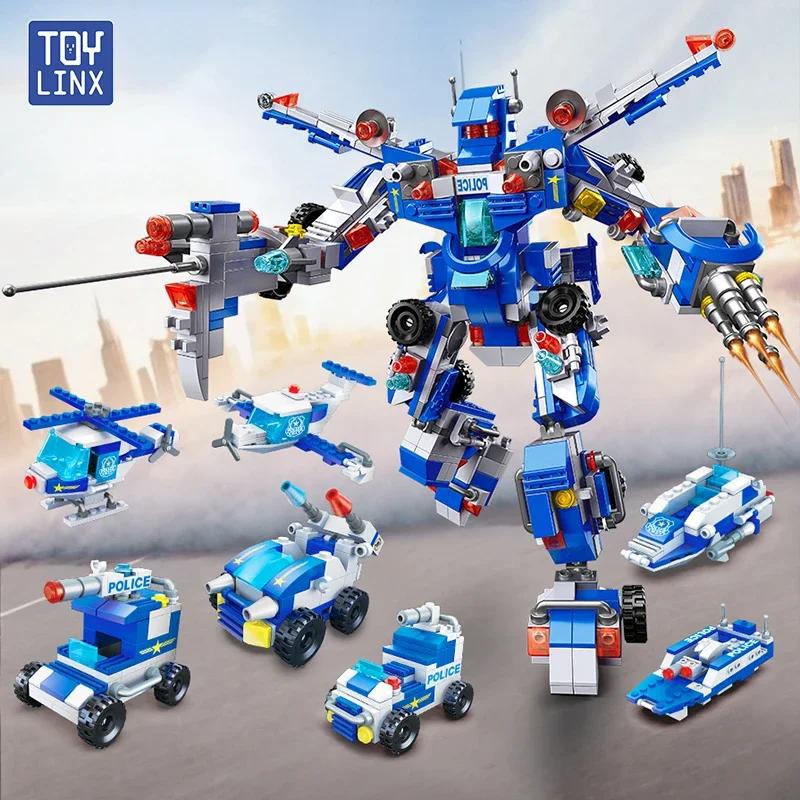 TOYLINX 679PCS Police Building Blocks 8-in-3 Transformable Toy 51 Shape Changes Robot Vehicle Aircraft Kids Construction Bricks