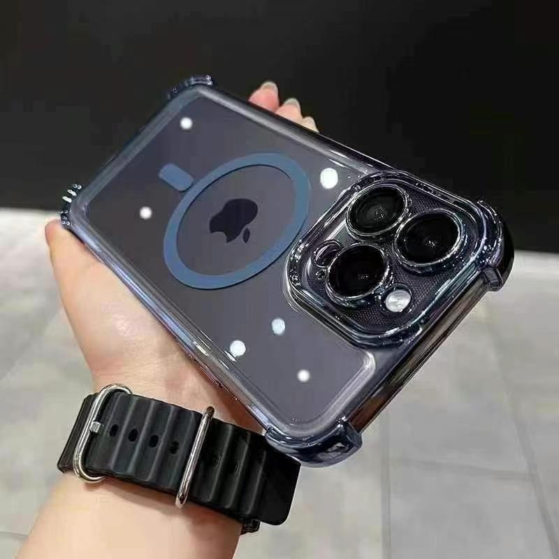 

Подходит для iPhone 16 Магнитный чехол для телефона Четыре угла Противоударный Apple 15 ProMax Акриловое гальваническое покрытие 14 Защитный чехол iPhone16 синий