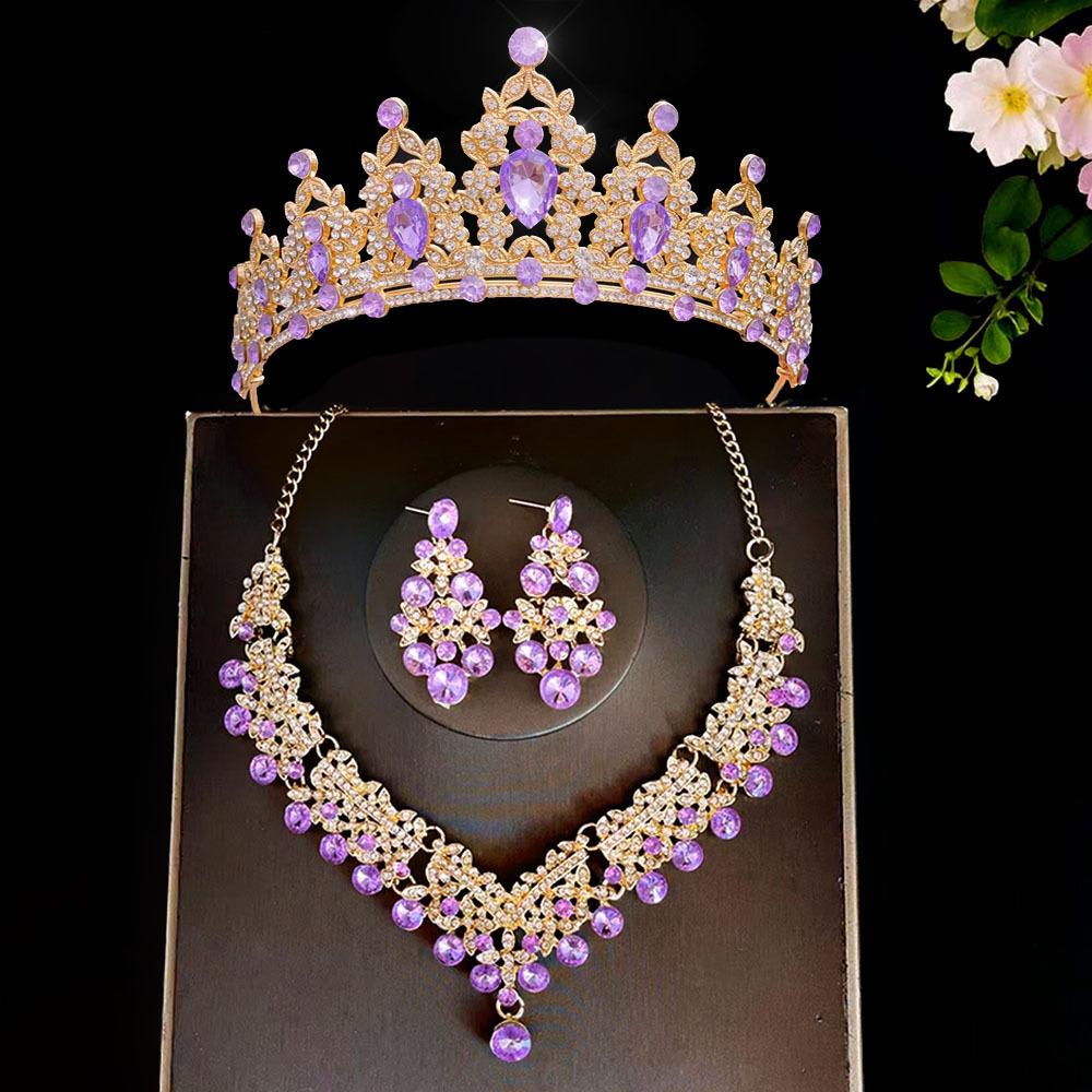 Koreanische Super Fee Brautkrone Dreiteiliges Set Hochzeitskrone Tiara Halskette Ohrringe Super Funkelnd Hochzeitskleid Accessoires