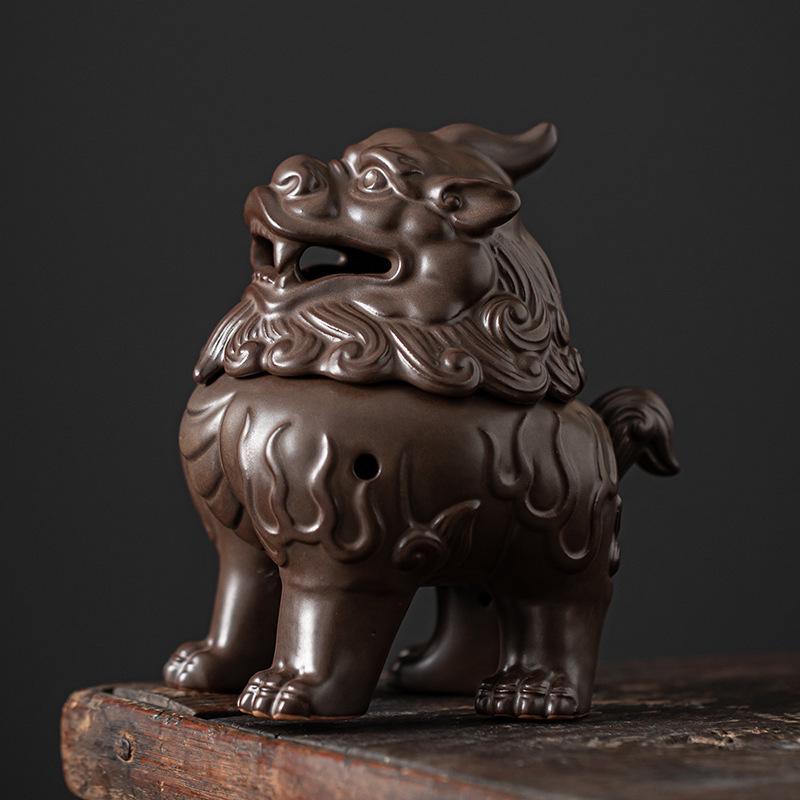 Ceramic Suanni Beast Coil Incense Burner with Lid - Antique Style Ornament for Home