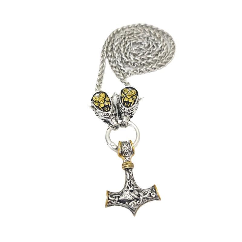 Pendentif marteau viking nordique avec tête de loup et collier runique griffe d'ours - Bijou amulette punk pour homme