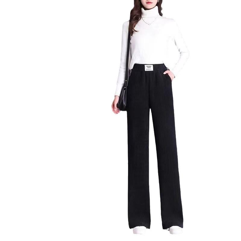 Chenille Flare Pants Women Winter Fleece Pants High Waist Wide Leg Casual Straight Cut Mom Extra Thick Sherpa Women Trousers