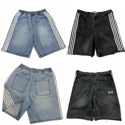 Unisex Harajuku Baggy Jeans with Embroidered Women Stripes Retro Loose Denim Shorts Men Y2K Hip Hop Streetwear