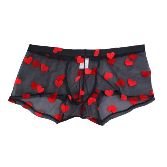 Men Boxer Underwear Elastic Mid-rise Perspective Hollow Mesh Design Boxer Briefs Heart Pattern Underwear Anniversary Gift