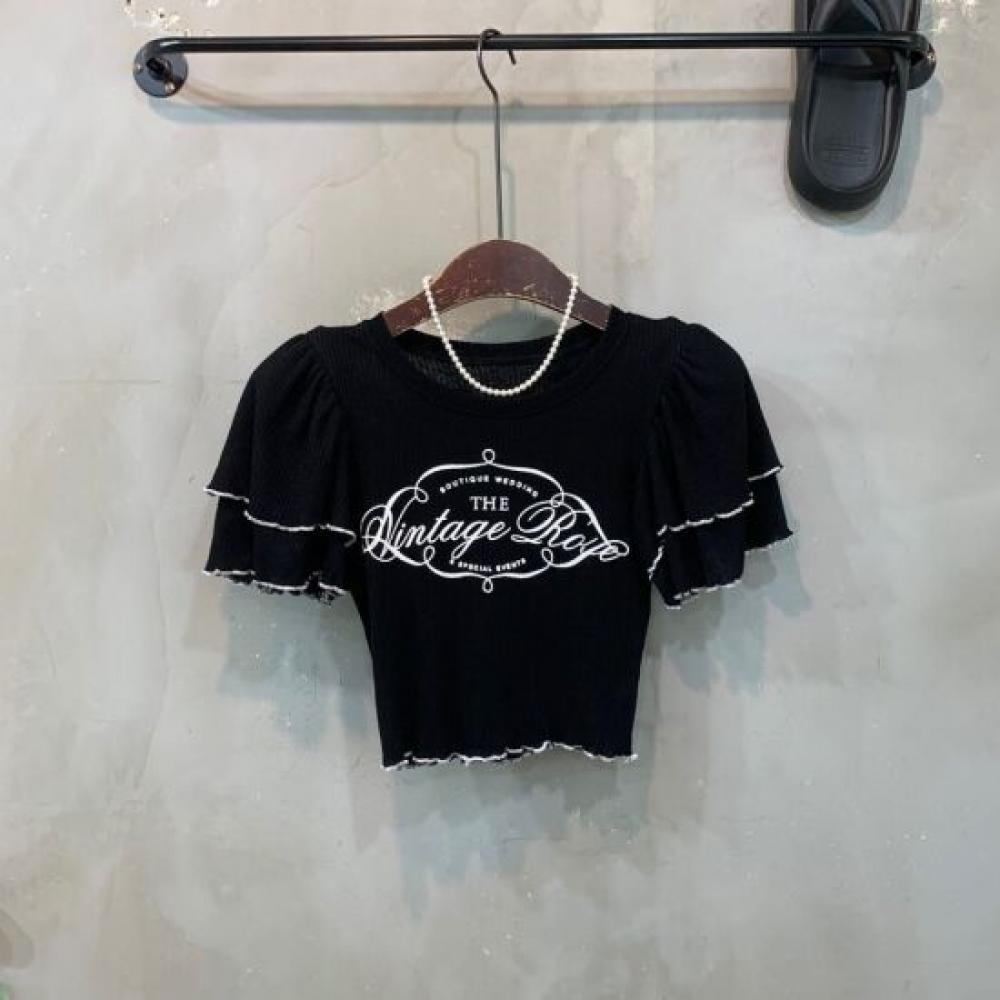 C S In The Room Ima Shoulder Pad letterIng Frill Crop Short Sleeve Knit 3Color C