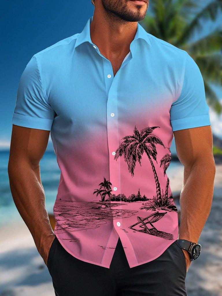 Europäischer und amerikanischer Stil Hawaiianisches Hemd Herren Freizeit Vielseitig Mode 1D bedrucktes Kokospalmenmuster Kurzarm