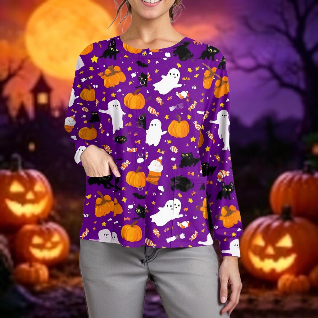 Women's Casual Long Sleeve Single Breasted Cardigan Halloween Print Medical Scrub Top Button Down Pullover Shirt