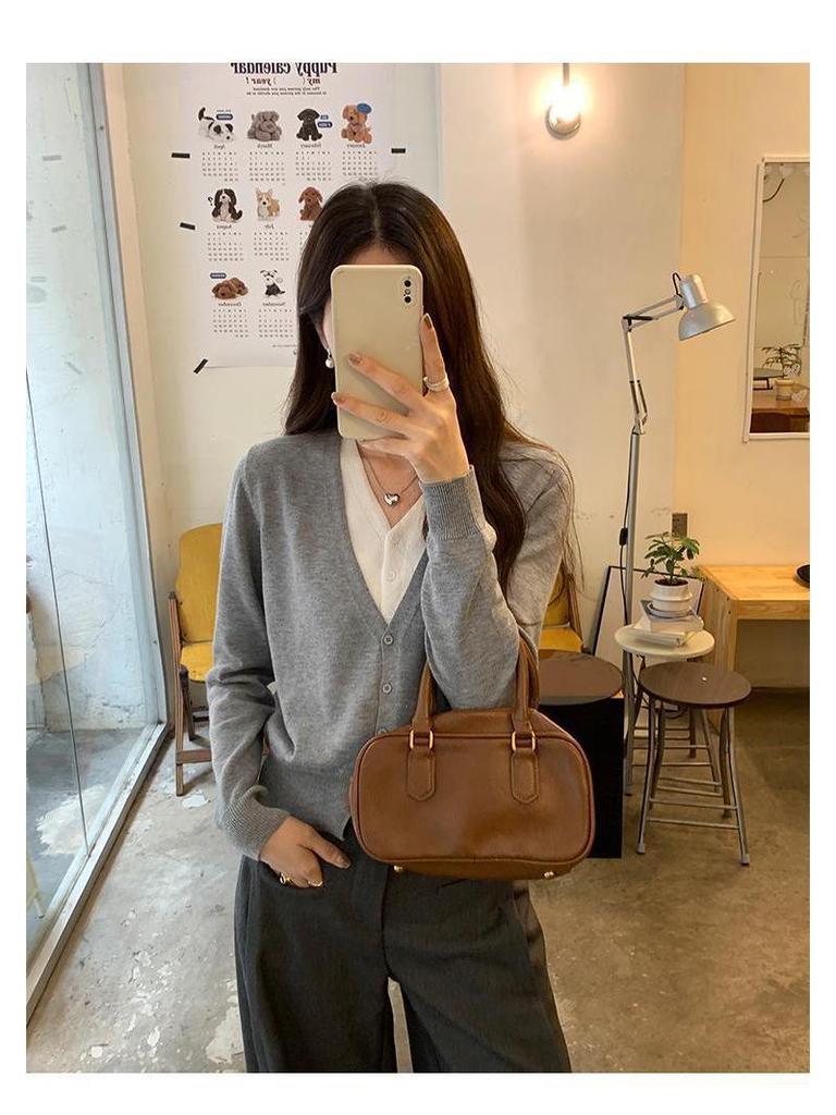 Wool Faux Two-Piece V-Neck Color Block Chic Knit Cardigan for Women - Autumn/Winter Lazy Style Short Sweater Coat