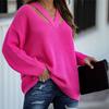 Autumn Winter Solid Colour Knit Pullover Loose Fit Plus Size Elegant Commuter Double V Neck Sweater for Women Luxurious Relaxed Versatile Top
