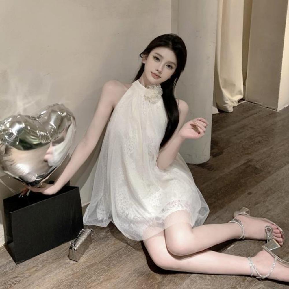 Super Fairy Camellia Lace Halterneck Sleeveless Off-shoulder Loose Sweet Age-reducing Dress Sexy Pure Desire Socialite Short Skirt